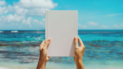 People hands holding a white book mock-up with copy space in front of a beautiful beach , woman read a book on the beach in summer concept image