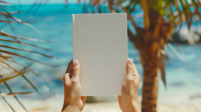 People hands holding a white book mock-up with copy space in front of a beautiful beach , woman read a book on the beach in summer concept image