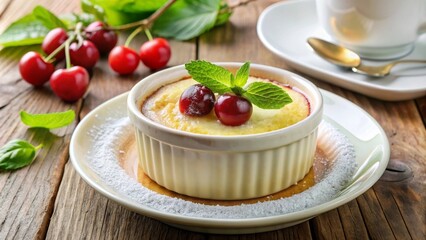 Clafoutis de cereza decorado con hojas de menta y cerezas frescas, servido en un plato con una taza de caf&eacute;. Cocina francesa.