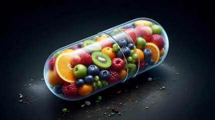 A realistic, beautifully created HD depiction of a capsule filled with a mix of fresh fruits.