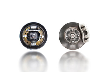 Car disc brake system and car drum brake system isolated on white background , Car brake parts...