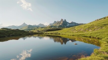 Serenity in Nature: High Angle View of Tranquil Mountain Lake nestled in beautiful landscape