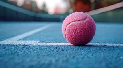 Pink paddle tennis balls and the net of a blue paddle tennis court,Tennis balls lying on tennis court and the net sport,healthy lifestyle,sport and hobbies,activity,selective focus.