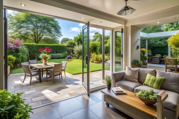 Beautiful garden and patio in summer seen from stylish designer room through bifold doors.