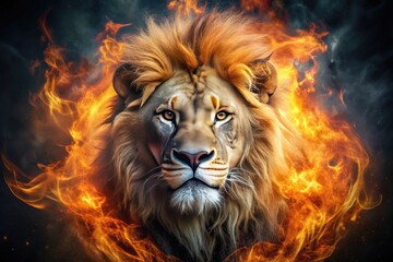 Fototapeta premium Vibrant flames engulf a majestic lion's head, set against a dark, misty background, creating a fierce, mythical atmosphere in this dramatic, high-contrast digital artwork.