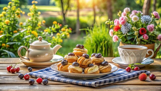 Mesa de desayuno al aire libre con t&eacute;, dulces y frutas en un jard&iacute;n floreado. Cocina francesa.