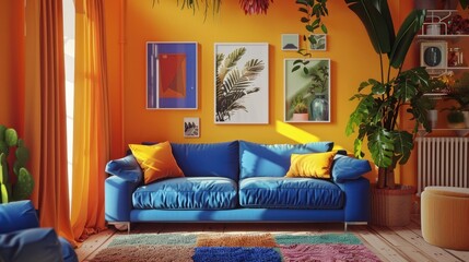 Fototapeta premium Actual image of vibrant living room with blue couch, three basic artworks, curtained window, and plants