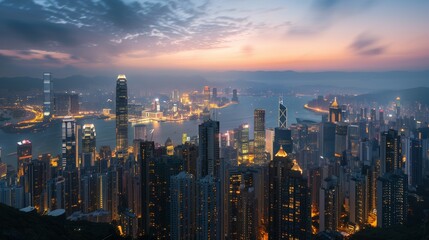 Obraz premium A stunning city skyline at dusk, with shimmering skyscrapers and a warm glow from the fading sun.