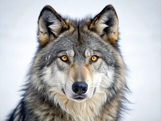 Fototapeta premium Majestic wild wolf with piercing yellow eyes and thick gray fur stands against a clean white background, surrounded by subtle hints of wild nature elements.