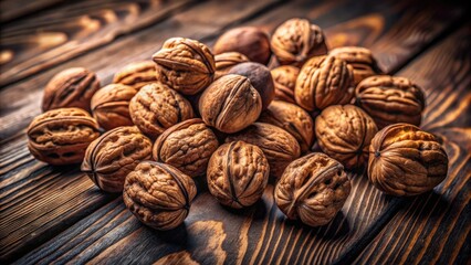 Rich brown whole walnuts scattered across a rustic wooden table, contrasting with a dark background, evoking a sense of autumnal warmth and earthy simplicity.
