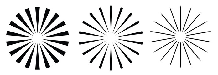 Sun star rays, burst. Radial circle radiation lines. Circulars lines beams. Spokes with radiating stripes grid. Vector graphic. Abstract illusion geometric pattern.