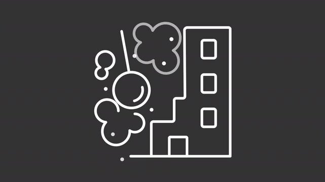 Demolition white line animation. Animated wrecking ball and building icon. Construction industry. Home deconstruction. Isolated illustration on dark background. Transition alpha video. Motion graphic
