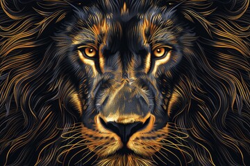 Fototapeta premium A majestic lion stares intently with glowing golden eyes and a mane of swirling black and gold