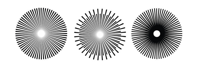 Abstract sun burst collection - hand drawn sunshine lines set. Sunshine and sun star rays radial shape, star line burst, vector illustration. Radial circle radiation lines.  Handdrawn vector Design. 
