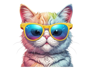 Cartoon cute cat head with colorful sunglasses, transparent background.