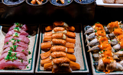 Varieties of sashimi buffet ready to eat serving in the restuarant for clients