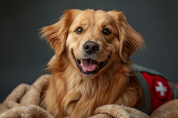 a retriever dog wearing a medic outfit,white background,Dog care, International Dog Day,