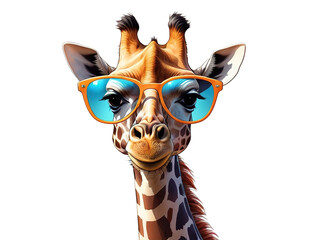 Cartoon cute giraffe head in 3D wearing vibrant sunglasses, transparent background.