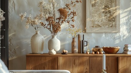 Living room decor with wooden sideboard, dried flowers in vase, modern sculpture, nuts, stucco wall, and personal items.