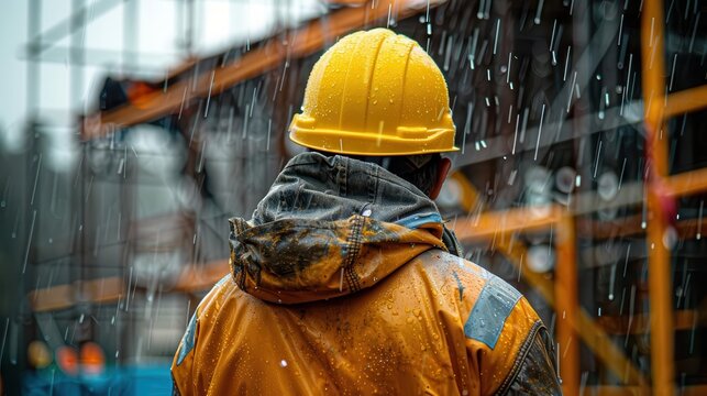 A construction worker in a raincoat stands under heavy rain at a construction site, showcasing dedication and resilience.