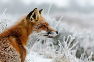Obraz premium A close-up of a red fox hunting in a snowy field, its bright fur contrasting with the white surroundings. 