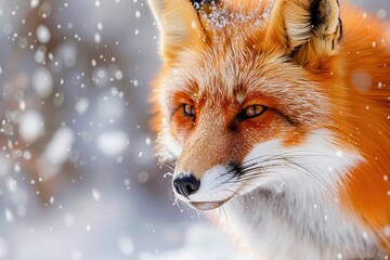 Obraz premium A close-up of a red fox hunting in a snowy field, its bright fur contrasting with the white surroundings. 