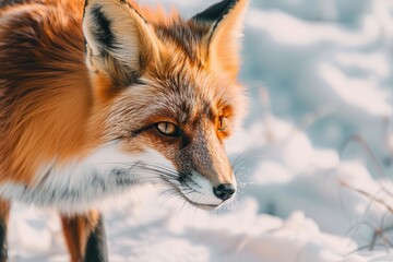 Fototapeta premium A close-up of a red fox hunting in a snowy field, its bright fur contrasting with the white surroundings. 