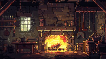 Medieval Blacksmiths Forge Scene in Pixel Art Style for Fantasy Game Design and Creative Projects