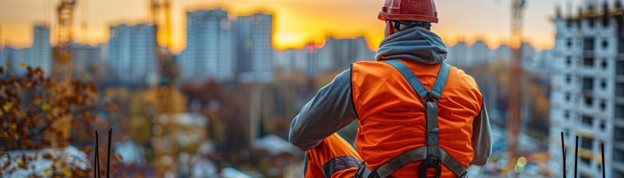 Driven construction worker sidling away, securing a safety harness, highrise construction site in background, construction worker safety, responsibility and care