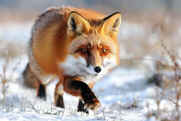 Obraz premium A close-up of a red fox hunting in a snowy field, its bright fur contrasting with the white surroundings. 