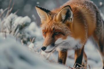 Obraz premium A close-up of a red fox hunting in a snowy field, its bright fur contrasting with the white surroundings. 
