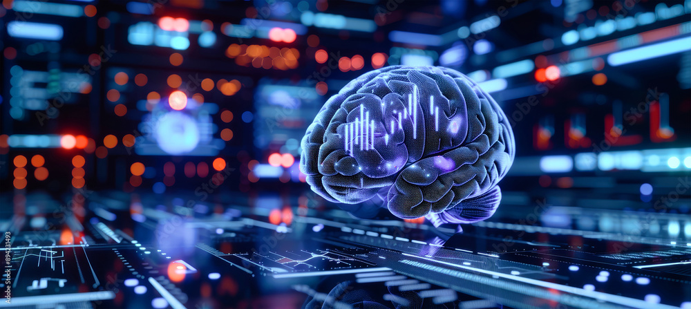 Poster a 3d illustration of a glowing human brain, embedded with data and graphs, sits on a futuristic inte
