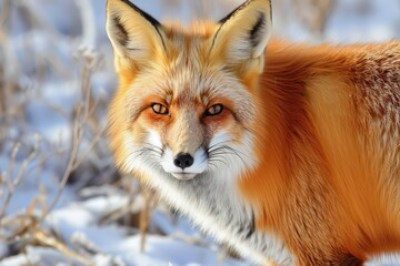 Fototapeta premium A close-up of a red fox hunting in a snowy field, its bright fur contrasting with the white surroundings. 