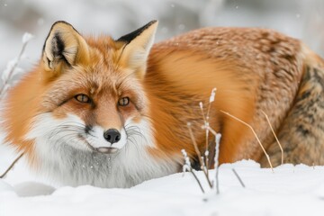 Fototapeta premium A close-up of a red fox hunting in a snowy field, its bright fur contrasting with the white surroundings. 