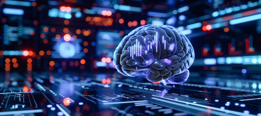 A 3D illustration of a glowing human brain, embedded with data and graphs, sits on a futuristic interface