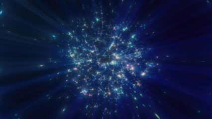 Abstract blue glowing energy sphere molecule nucleus atom round background with flying blurred dots bokeh particles