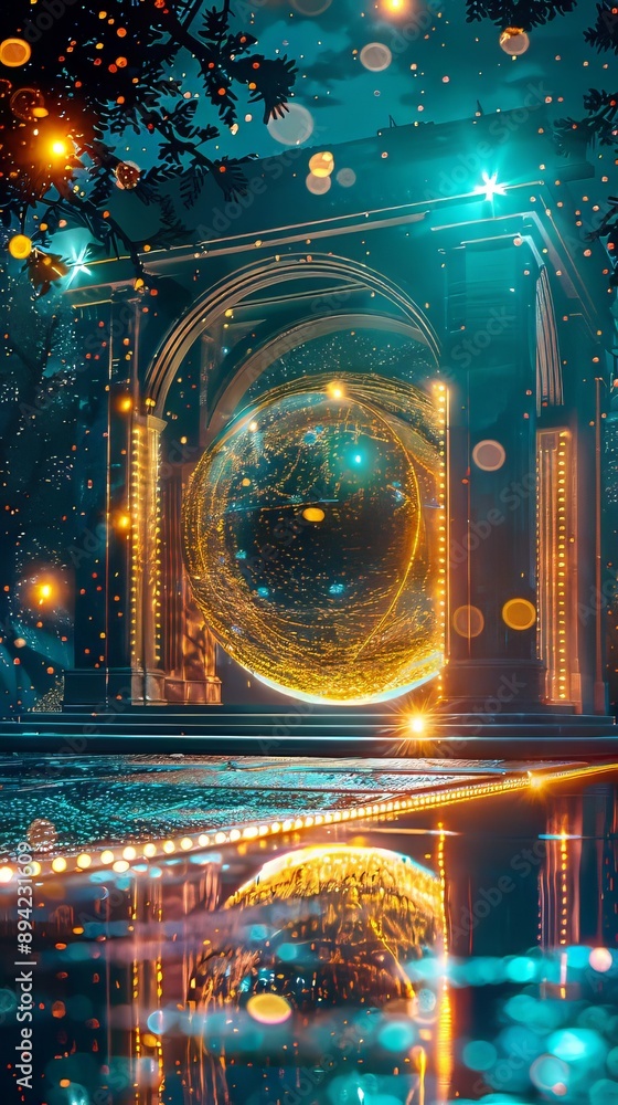 Poster an illuminated orb framed by an archway surrounded by a turquoise glow and reflected in the water be
