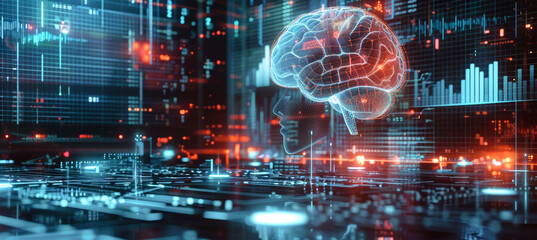 A 3D rendering of a digital brain with holographic graphs and charts representing advanced data analysis