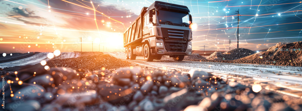 Poster a dump truck drives through a construction site illuminated by a futuristic, digital network of data