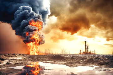 A fiery explosion erupts from the ground, spewing black smoke into the sky, a stark reminder of the environmental damage caused by resource extraction