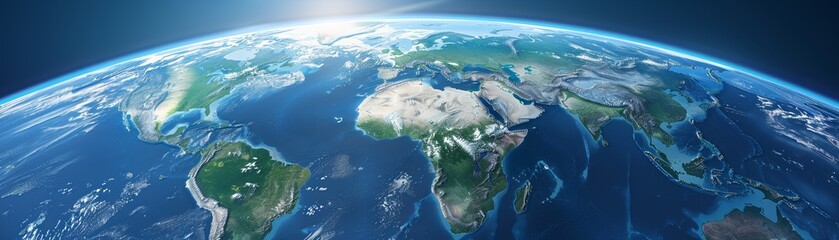 A stunning view of Earth from space, showcasing its vibrant continents and serene oceans under a radiant sun.