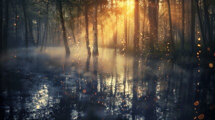 Fototapeta premium Enchanting High Angle View of Glowing Mystical Swamp - Nature Photography