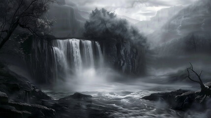photo of river waterfall landscape with black and white tone color