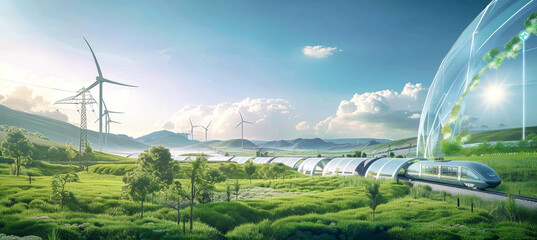A futuristic train travels through a green landscape under a clear blue sky, with wind turbines in the background. Holographic displays showcase energy management data