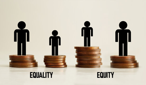 Equality and equity concepts are shown using the text and metaphor with coins. Social equity and equality concepts