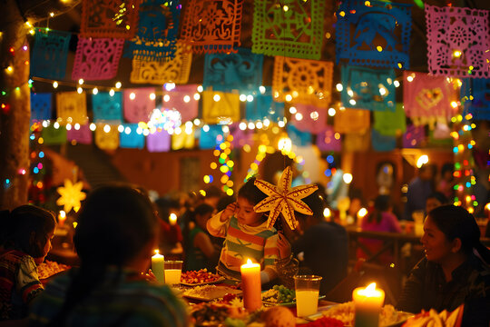 Mexican Christmas posada with colorful decorations and festive atmosphere