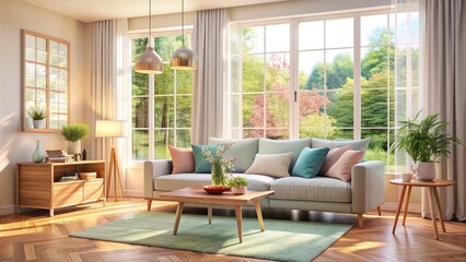 Serene atmosphere of a cozy home: calm, empty room with natural light pouring through the window, comfortable furniture, and soft pastel colors evoking relaxation.