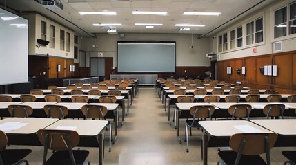 A modern classroom has ergonomic desks, vibrant posters, and an interactive whiteboard for engaging learning.