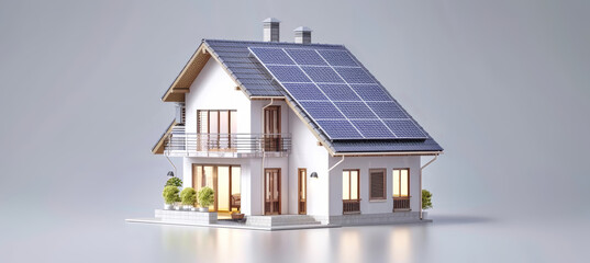 3D rendering of a smart home with a solar panel on the roof, showcasing an artificial intelligence technology concept for real-time energy data collection