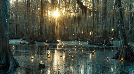 Obraz premium Enchanting Aerial View of Glowing Mystical Swamp in High Fidelity Detail